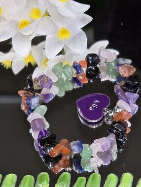 Multi-Color Gemstone Chip Bracelet with Purple MIA Heart Charm